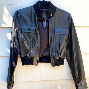 Leather cropped bomber jacket